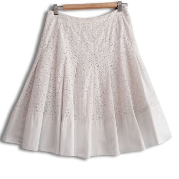 ESPRIT 100% Cotton Floral Eyelet Pleated Knee Length Skirt White Sz 4 - Picture 2 of 15